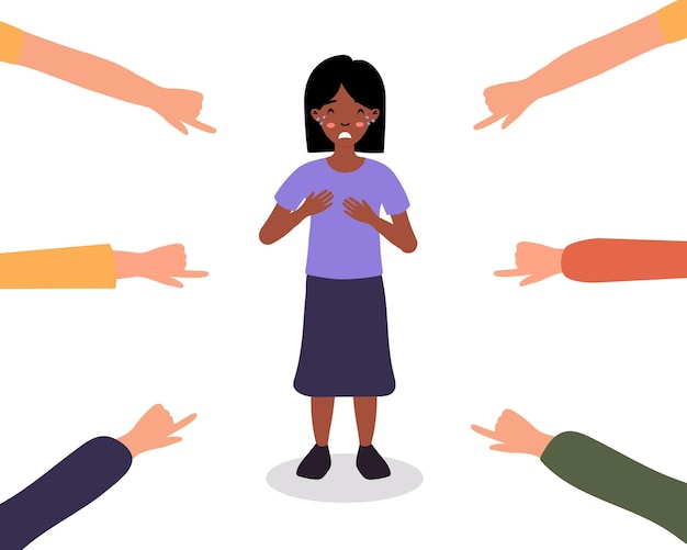 Uma menina parece angustiada quando várias mãos apontam para ela, em uma ilustração da pressão social