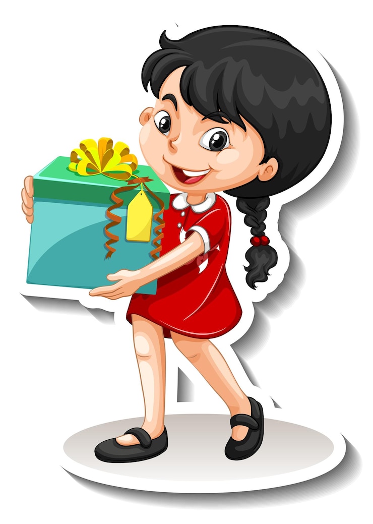 Vetor uma menina segurando um personagem de desenho animado com uma grande caixa de presente
