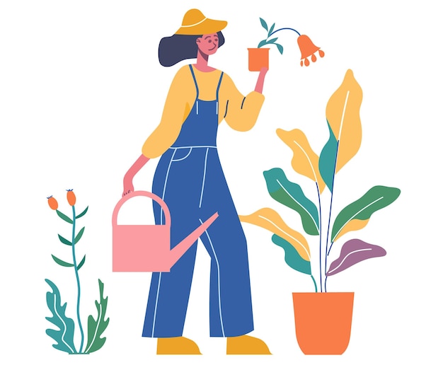 uma menina segurando uma panela de flores na mão ilustração vetorial plana