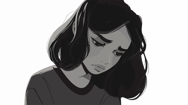 Uma menina triste com um rosto triste é desenhada por uma foto de uma menina triste