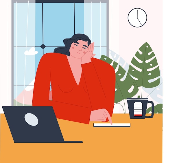 Uma menina triste e cansada se senta à mesa perto da janela Escritório em casa com um laptop Flat vector