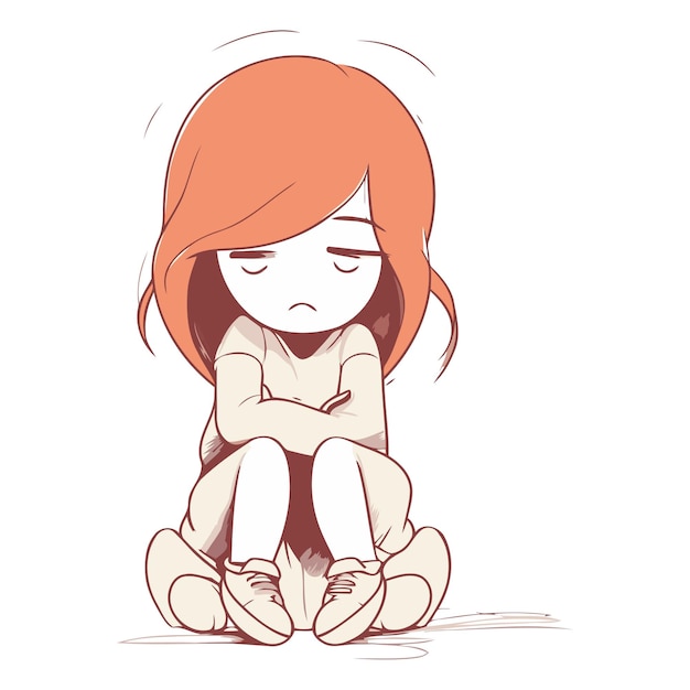 Vetor uma menina triste sentada no chão e a chorar.