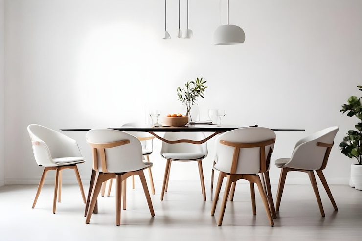 Vetor uma mesa com cadeiras e uma mesa com uma parede branca atrás dela