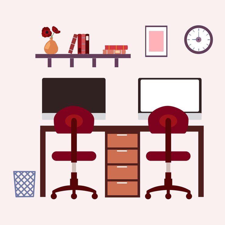 Vetor uma mesa com duas cadeiras e um relógio na parede vetor local de trabalho