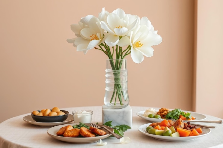 Vetor uma mesa com pratos de comida e flores sobre ela, incluindo lírios e um vaso com flores