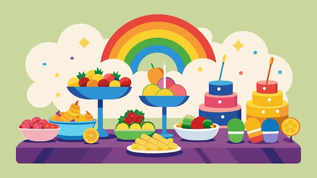 Vetor uma mesa de buffet transbordando de deliciosas guloseimas em todas as cores do arco-íris
