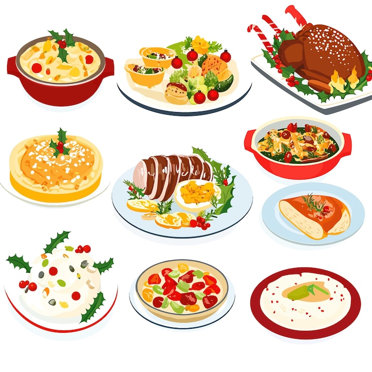 Vetor uma mesa de jantar de férias com vários pratos vetor