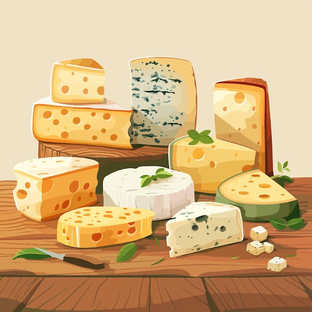 Uma mesa de madeira rústica com vários tipos de queijo
