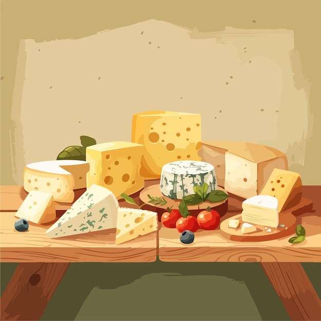 Uma mesa de madeira rústica com vários tipos de queijo