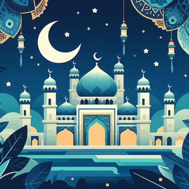 Uma mesquita azul com uma lua e um fundo azul