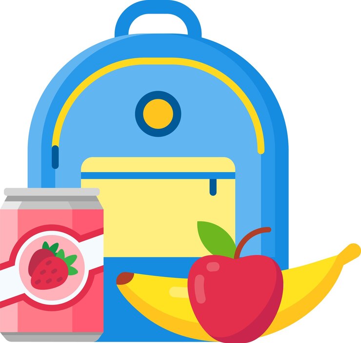 Vetor uma mochila azul com detalhes amarelos está ao lado de uma lata de suco de morango, uma maçã vermelha e uma banana amarela, compondo um almoço saudável para a escola.