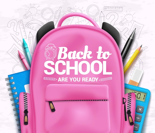 Uma mochila rosa com as palavras de volta à escola, você está pronto para isso.