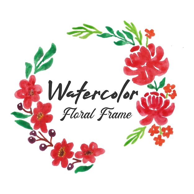 Uma moldura floral em aquarela com flores vermelhas e folhas.