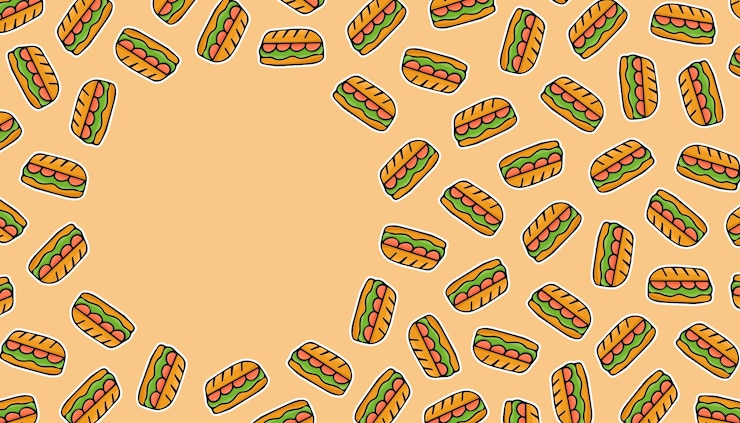 Vetor uma moldura vazia com uma imagem de comida deliciosa sanduíche sanduíche salsicha uma moldura com sanduíches deliciosos para publicidade um lugar para a sua inscrição vector fast food