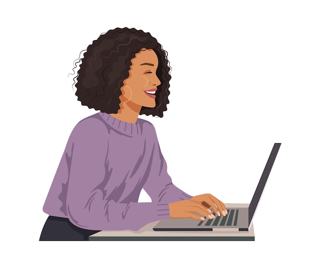Uma mulata de blusa roxa trabalha sentada em um laptop Estilo sem rosto Ilustração vetorial isolada em fundo branco