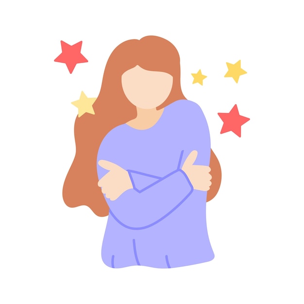 Uma mulher abraçando-se com alegria simbolizando amor próprio ou confiança