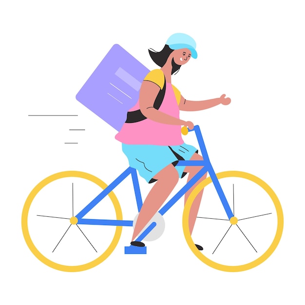 Uma mulher andando de bicicleta com uma bolsa no ombro.