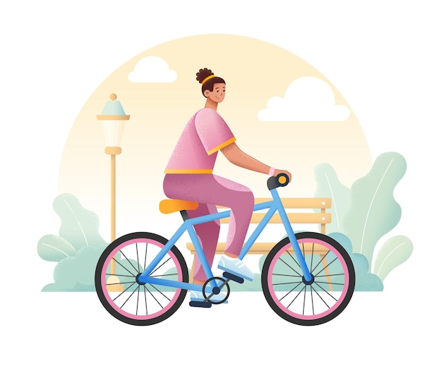 Vetor uma mulher andando de bicicleta em um parque.