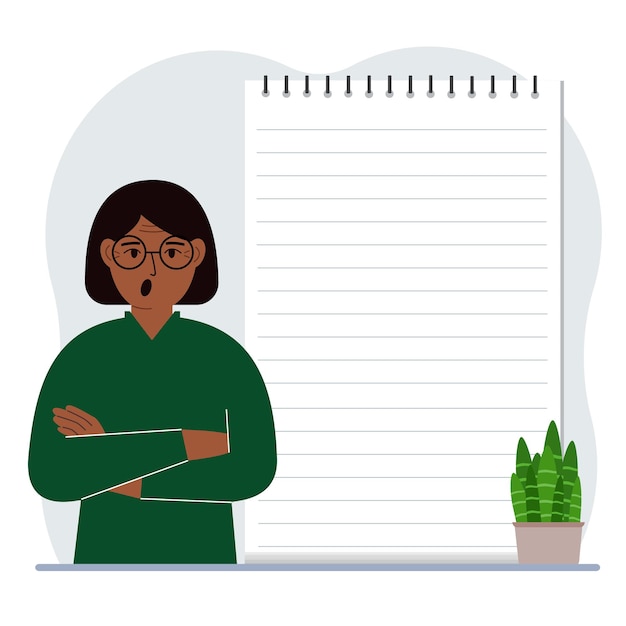 Uma mulher ao lado de um bloco de notas grande ou caderno grande O conceito de preencher um caderno ou bloco de notas escrevendo notas planejamento de gerenciamento de tempo
