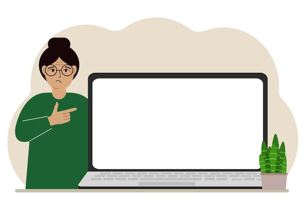 Uma mulher ao lado de um laptop grande com muito espaço para texto