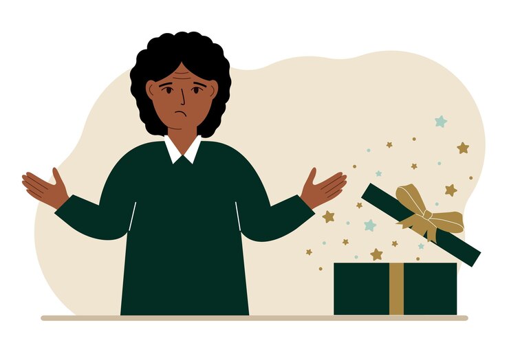 Vetor uma mulher ao lado de um presente aberto o conceito de um desconto de promoção surpresa de férias