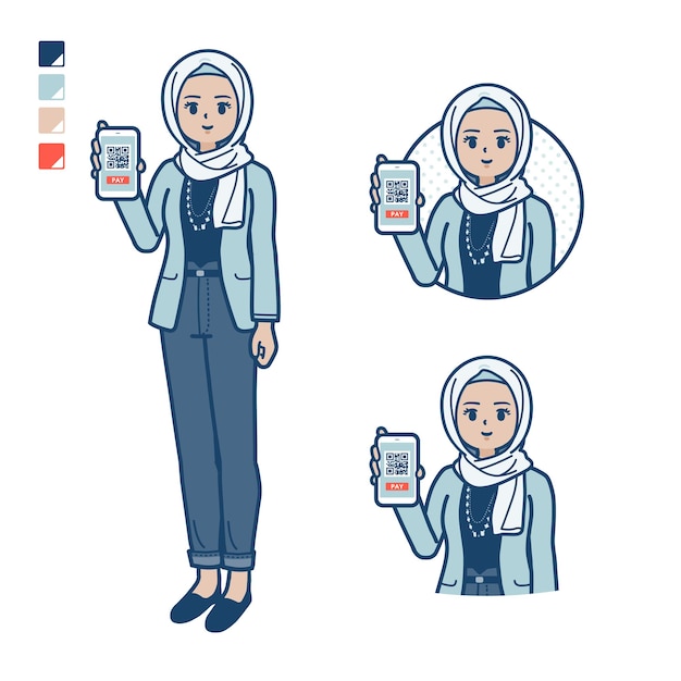 Uma mulher árabe de moda casual com pagamento sem dinheiro em imagens de smartphone