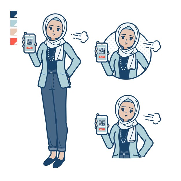 Uma mulher árabe de moda casual com pagamento sem dinheiro no smartphone Imagem problemática