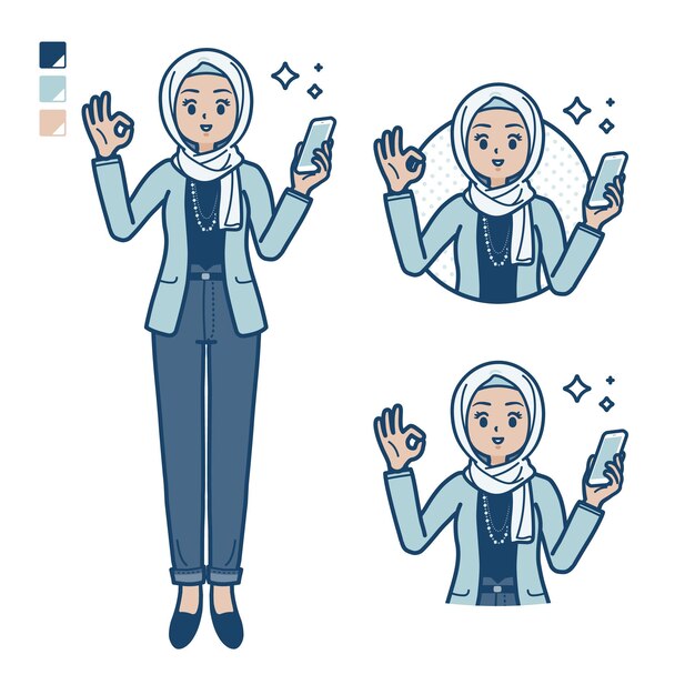 Uma mulher árabe de moda casual com segurando um smartphone e fazendo imagens de sinal de OK