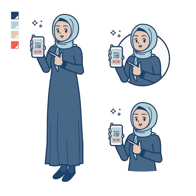 Uma mulher árabe em hijab com pagamento sem dinheiro em imagens de smartphone