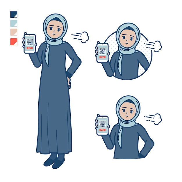 Uma mulher árabe em hijab com pagamento sem dinheiro no smartphone Imagem problemática