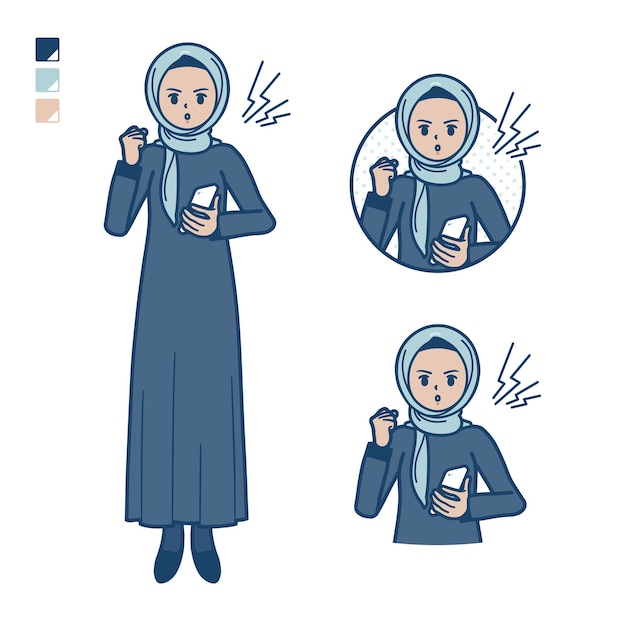 Uma mulher árabe em hijab com segurando um smartphone e imagens de raiva