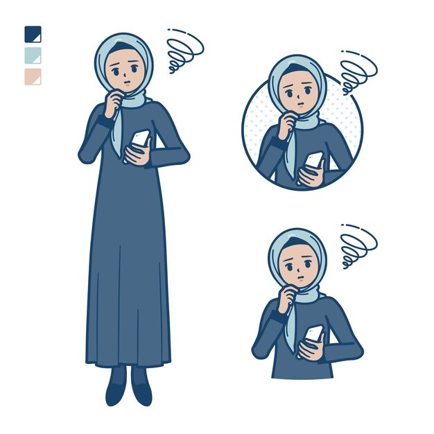 Uma mulher árabe em hijab com segurando um smartphone e imagens problemáticas