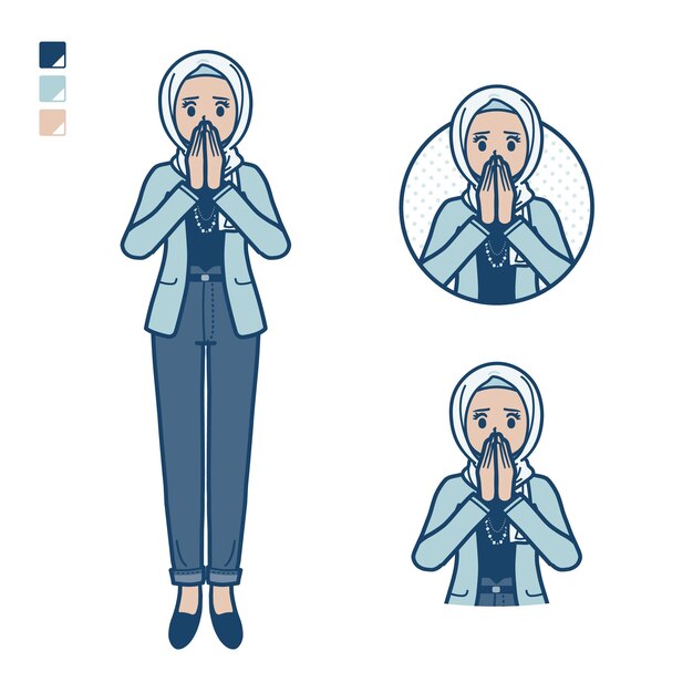 Uma mulher árabe em moda casual com imagens surpresas e desconfortáveis