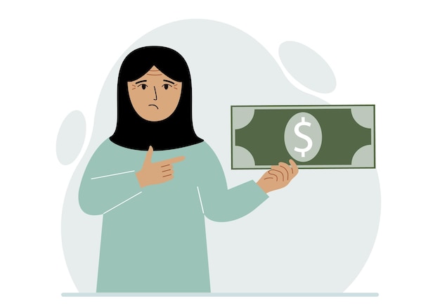 Uma mulher árabe segura uma grande nota de papel na mão O conceito de despesa de renda ganhando ou gastando dinheiro