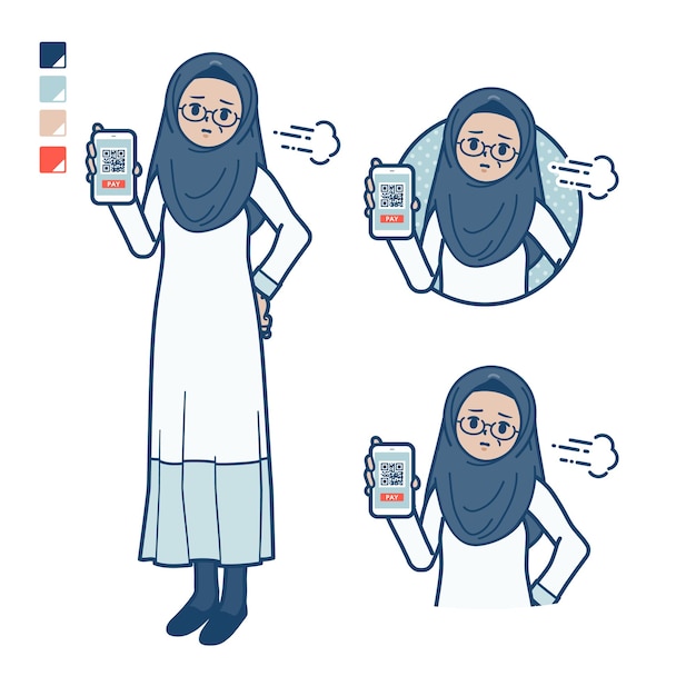 Uma mulher árabe sênior com pagamento sem dinheiro no smartphone Imagem problemática