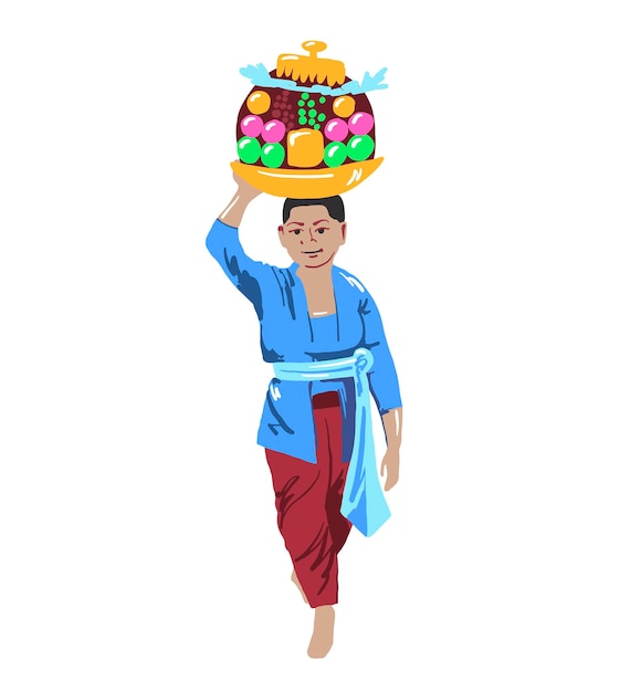 Vetor uma mulher balinesa carrega oferendas rituais de frutas para a divindade em sua cabeça ilustração do vetor