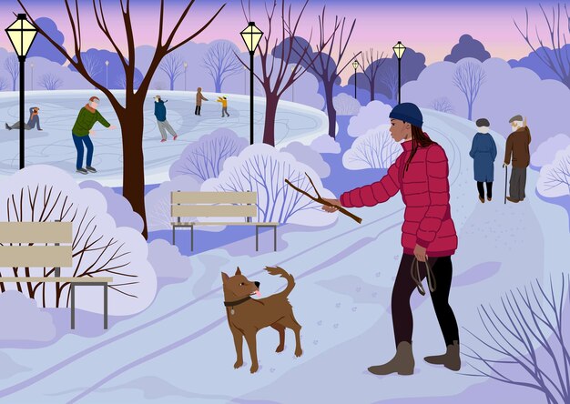 Uma mulher brinca com um cachorro em um parque coberto de neve no inverno, ao lado de uma pista de gelo. ilustração vetorial.