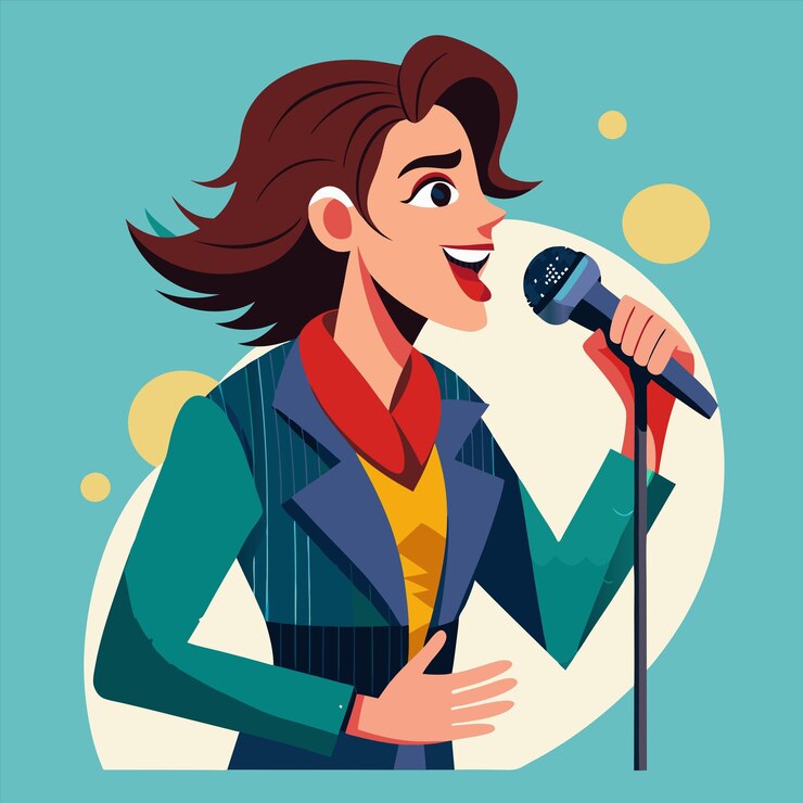 Vetor uma mulher cantando em um microfone com as palavras " ela está cantando "