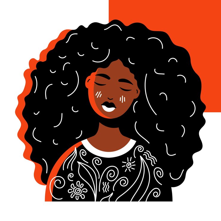 Vetor uma mulher com cabelo encaracolado e um fundo vermelho com um desenho nele