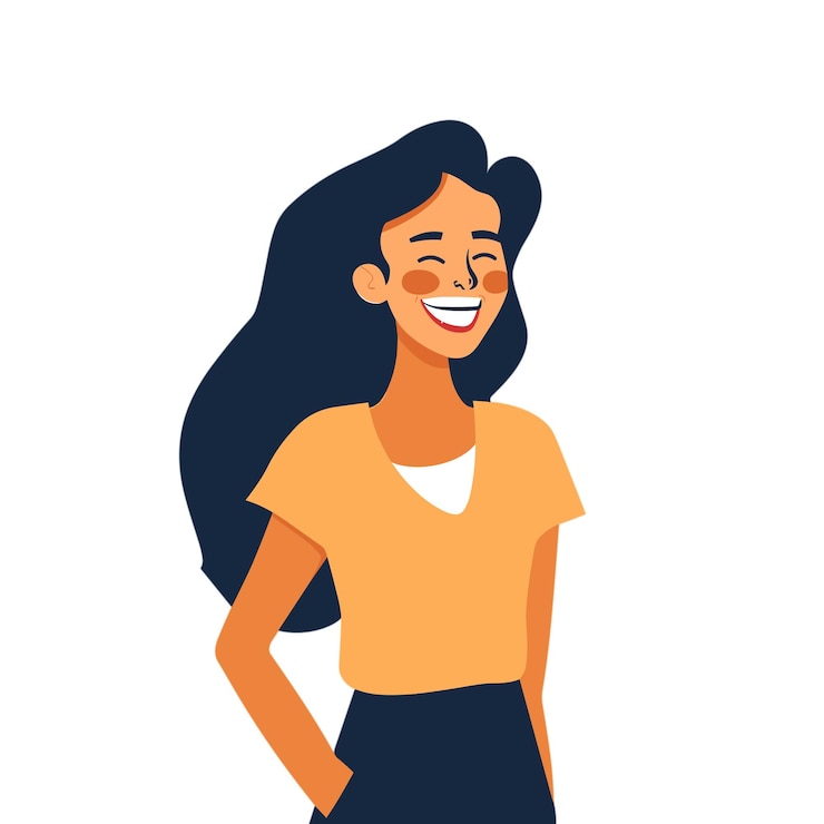 Vetor uma mulher com cabelos longos e pretos e uma camisa amarela está sorrindo