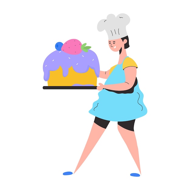 Uma mulher com chapéu e avental de chef segura um grande bolo em uma bandeja.
