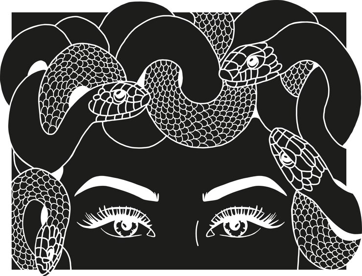 Vetor uma mulher com cobras na cabeça ilustração preta em um fundo branco