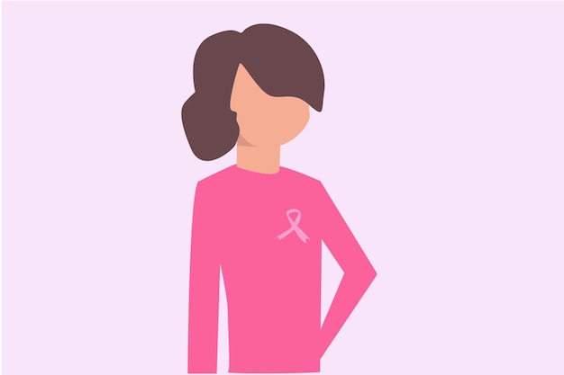Uma mulher com pano rosa usa uma fita para lembrar o câncer de mama