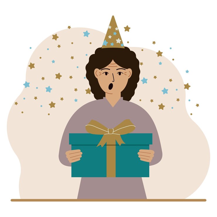 Vetor uma mulher com um boné festivo segura uma grande caixa de presente com um laço