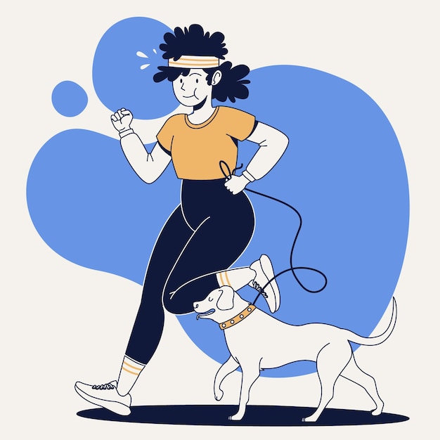 Uma mulher com um cão está correndo com uma coleira