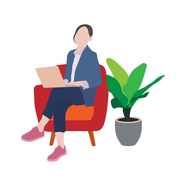 Vetor uma mulher com um laptop sentada na cadeira trabalhe em casa ilustração vetorial em um estilo plano