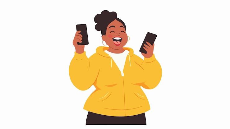 Vetor uma mulher com um telefone na mão e um sorriso no rosto