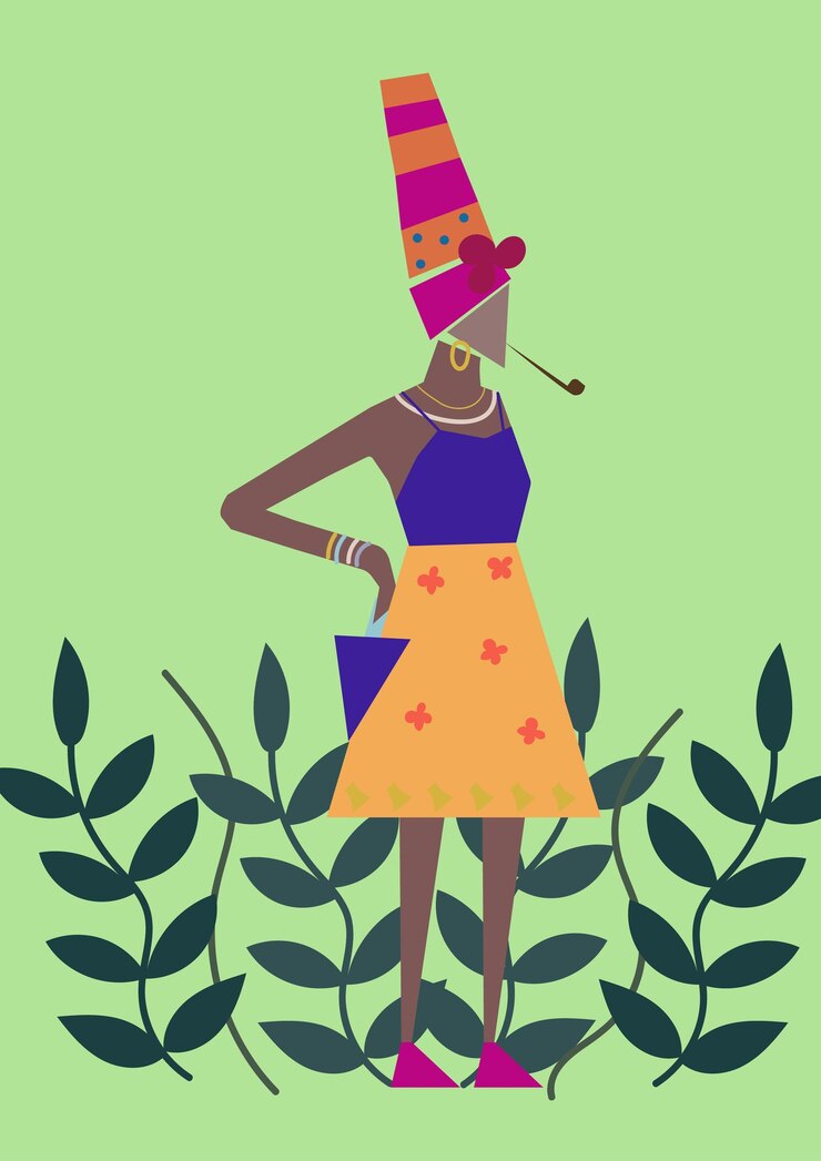 Vetor uma mulher com um vestido colorido e chapéu fumando um cachimbo.