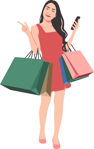 uma mulher com um vestido vermelho segurando sacos de compras