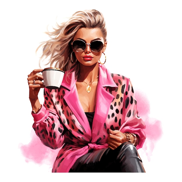 Vetor uma mulher com uma camisa de impressão de leopardo e óculos de sol bebendo café clip art rosto rosa vestido com roupas caras